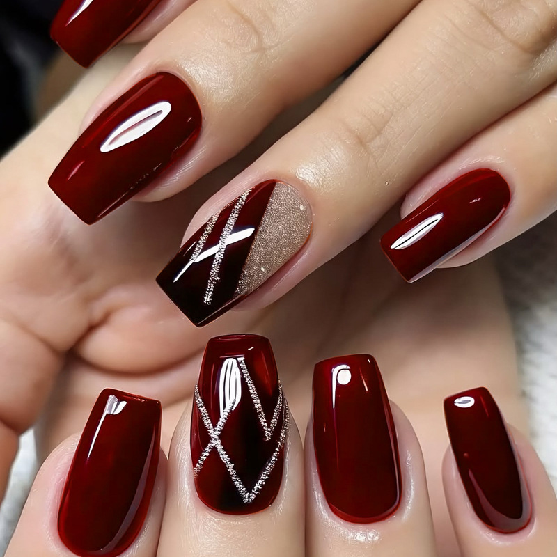 Wear European Square Whitening Cherry Red with Golden Irregular Lines Removable Fake Nail Patches