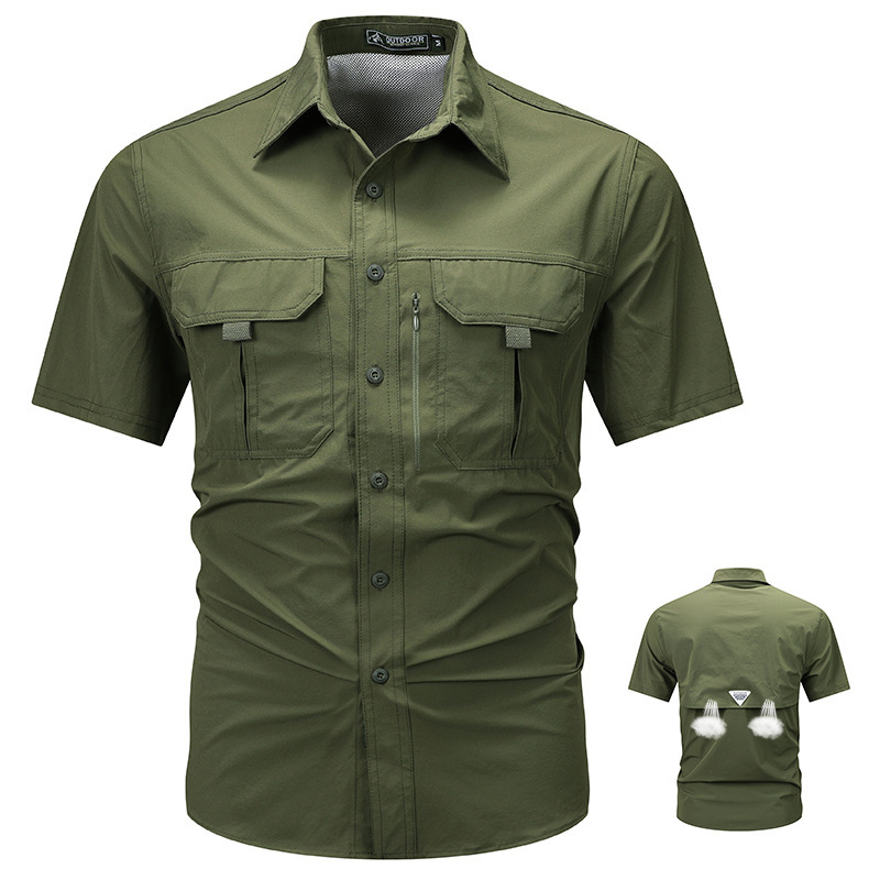 Tough Guy Nylon Retro Work Shirt Men's Short Sleeve Summer Cross-Border European and American Style Turn-Down Collar Short Sleeve Shirt Outdoor Multi-Pocket Tough Guy Nylon Retro Work Shirt Men's Short Sleeve Summer Cross-Border European and American Style Turn-Down Collar Short Sleeve Shirt Outdoor Multi-Pocket