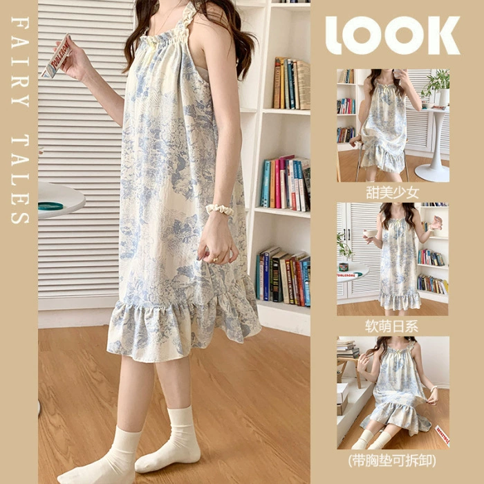 Summer pijama, thin removable cute top with cups for leisure, lifting effect