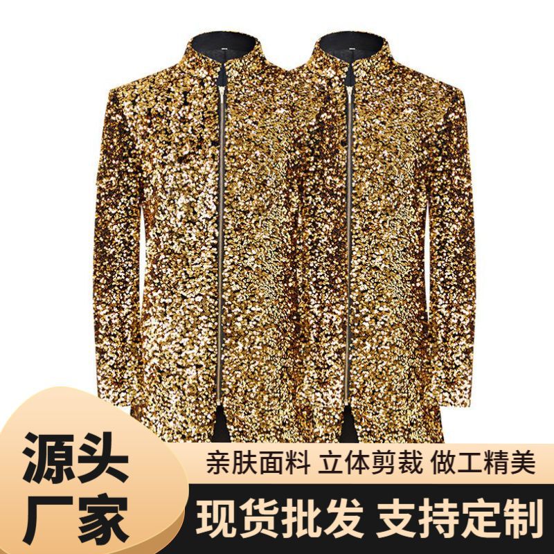 Golden Velvet Sequins Coat Men's Mid-length Singer Banquet Catwalk Dress Wedding Banquet Blazer