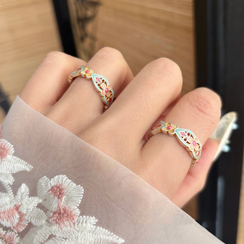 Yinxi の新しいフランス宮殿スタイルのエナメル花オーキッドリングハイエンドカラフルなオイルドロップフラワーリング女性用|undefined