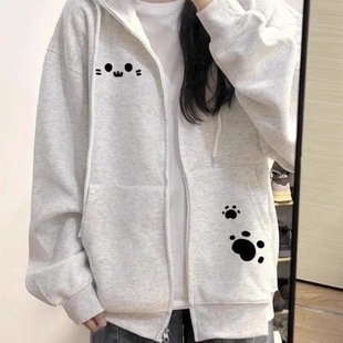 Children's gray cute kitten claw cardigan plus velvet coat girls autumn and winter new lamb velvet padded sweater tide