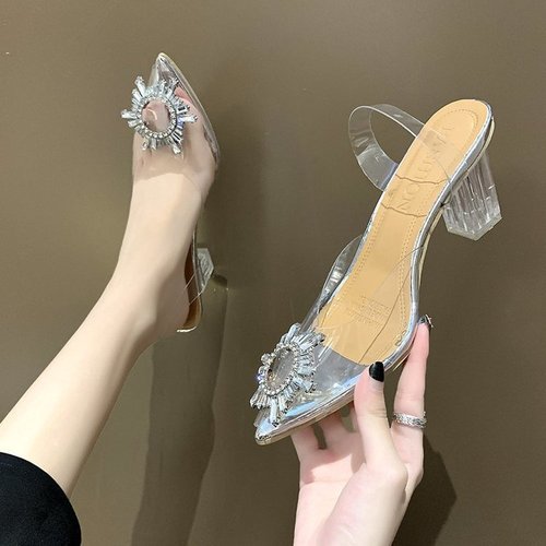 summer new sunflower crystal heel pointed toe bag high heel sandals for women transparent rhinestones hollow women's shoes