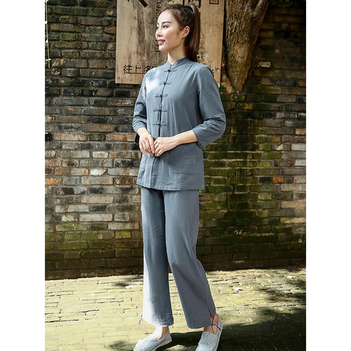 Taoist attire cotton linen women middle-aged and elderly martial arts performance practice dress retro Chinese style Tai Chi clothing one-piece drop shipping