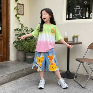 女童夏季渐变卡通短袖T恤套装2026新款潮酷涂鸦薄款五分裤两件套