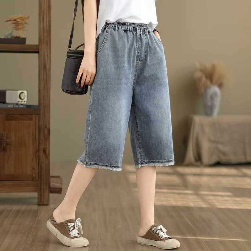 Summer New Six-point Wide-leg Jeans Women's 2025 High Waist Loose Straight Cropped Pants