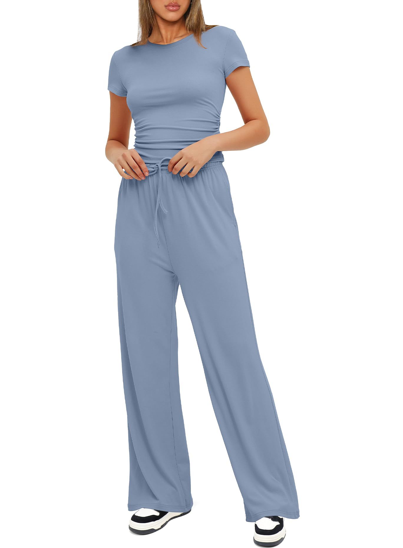 European American Foreign Trade Women's 2-piece Casual Set: Ruffled Short-sleeve Top And High-waisted Wide-leg_ecoleips.com