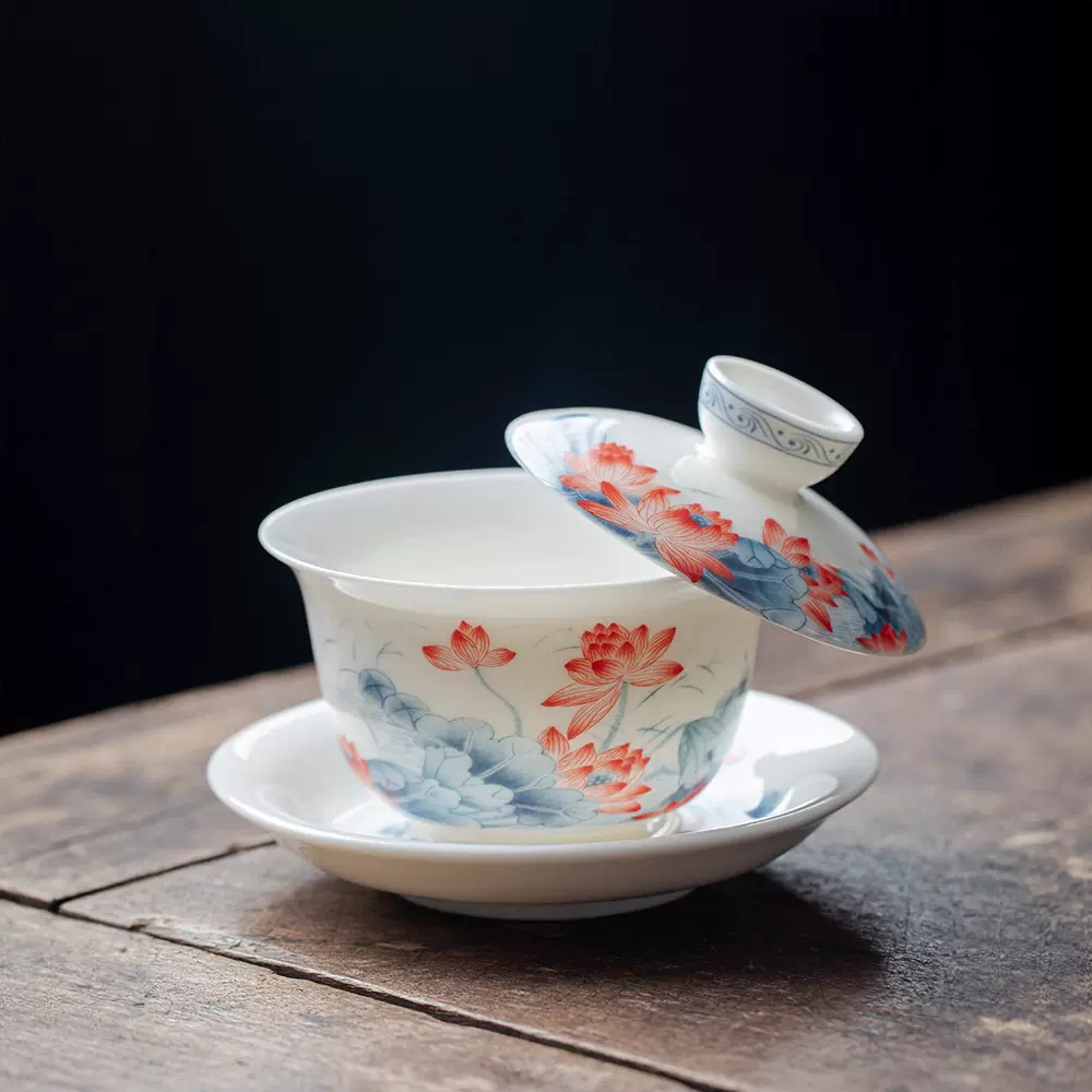 景德镇釉里红悬停三才盖碗带单个高档茶杯羊脂玉泡茶白瓷茶具套装