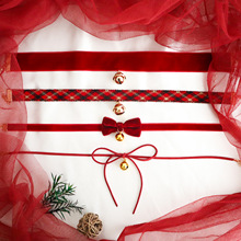 跨境饰品圣诞节蝴蝶结铃铛项链甜美项圈choker酒红颈链毛绒锁骨链