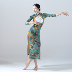 2022 Summer Ice Silk Ramie Cheongsam Dance Costume with High Slit, Back Button, Elegant Openwork Collar, Gold Plated, Classical Performance Dress