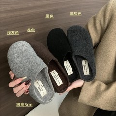 3cm毛呢厚底勃肯鞋女2025秋冬外穿休闲圆头包头半拖鞋加绒穆勒鞋