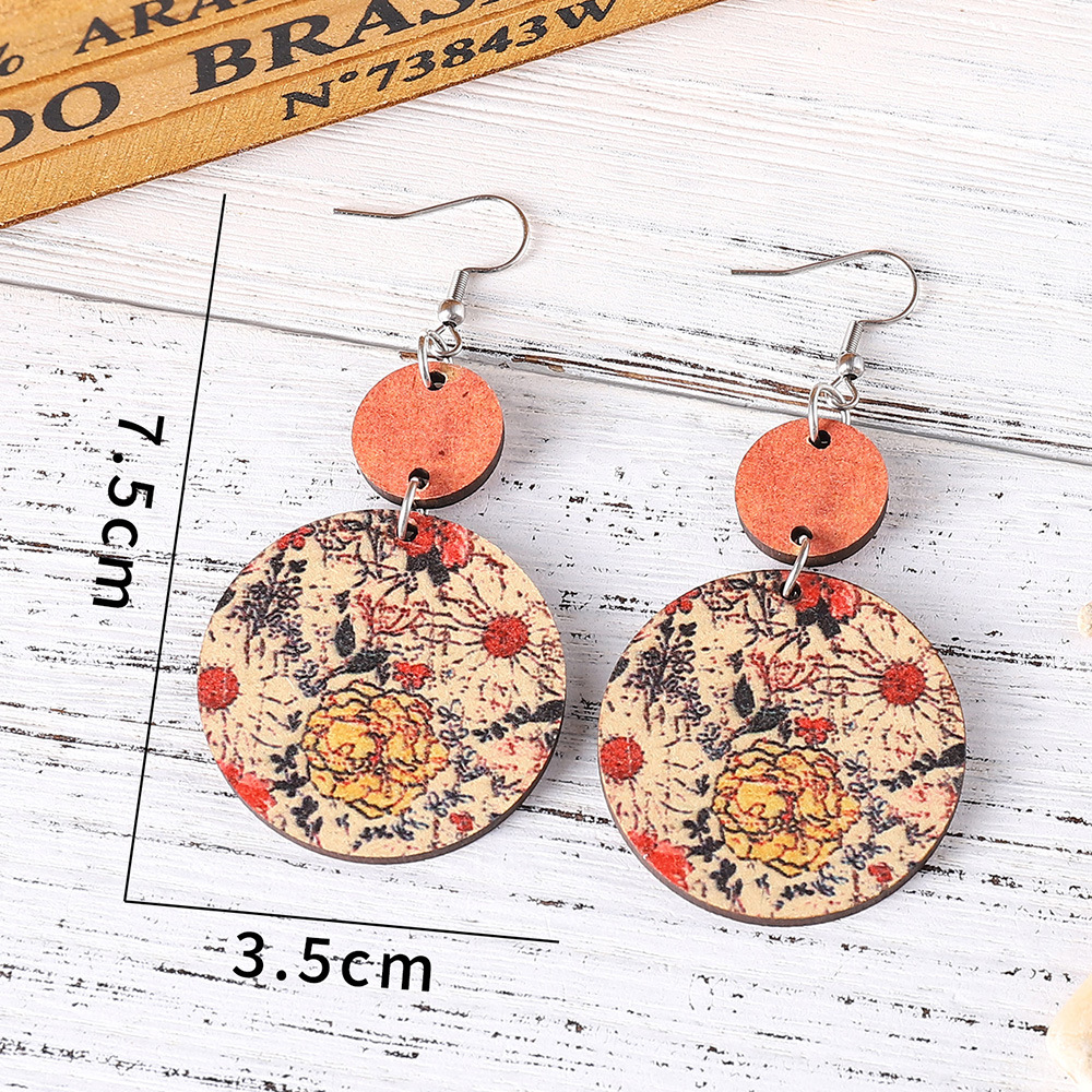 Wood Material Bohemian Geometric Wood Printing Women's Drop Earrings