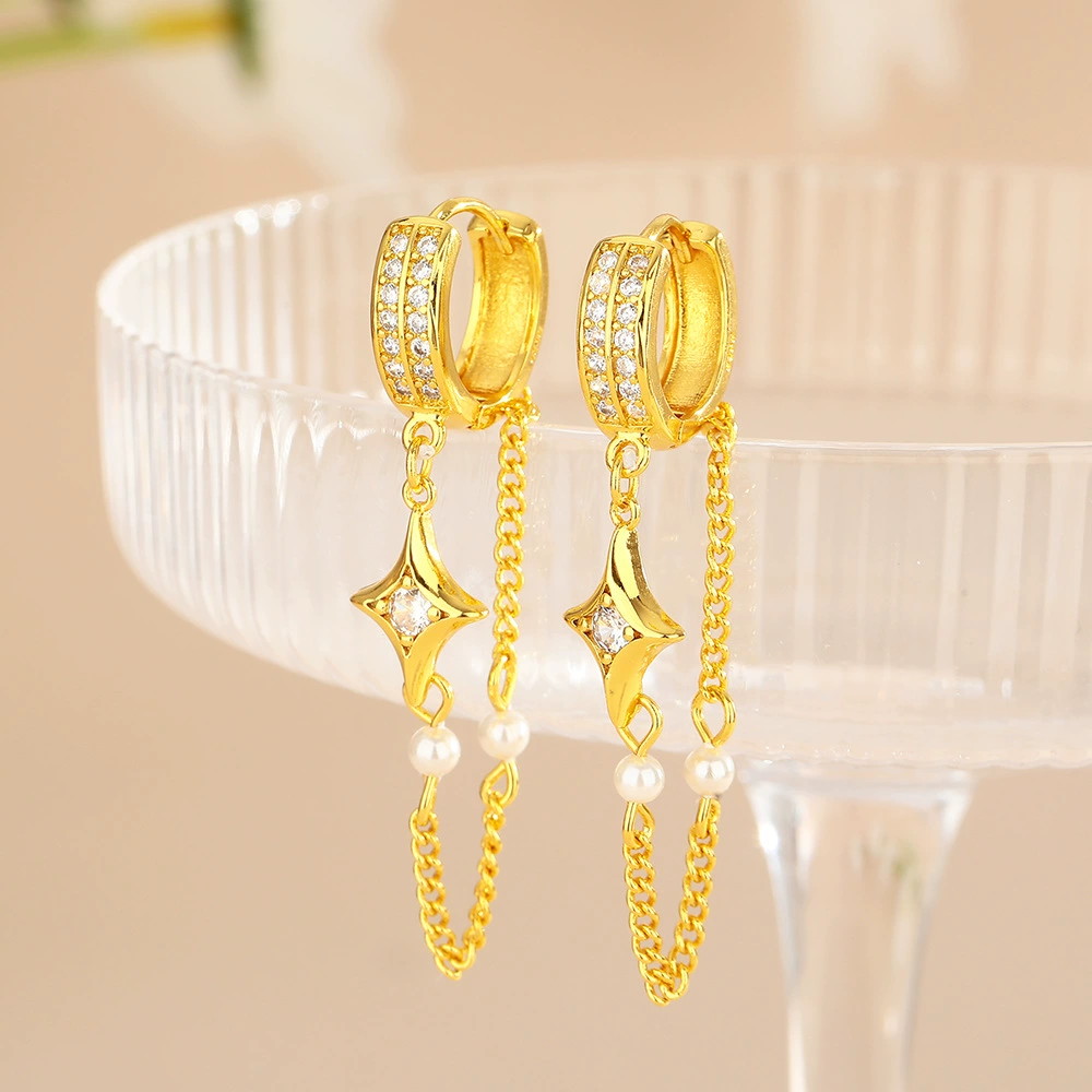Sophisticated zirconium, long chain, earrings with tassels from pearl, European style
