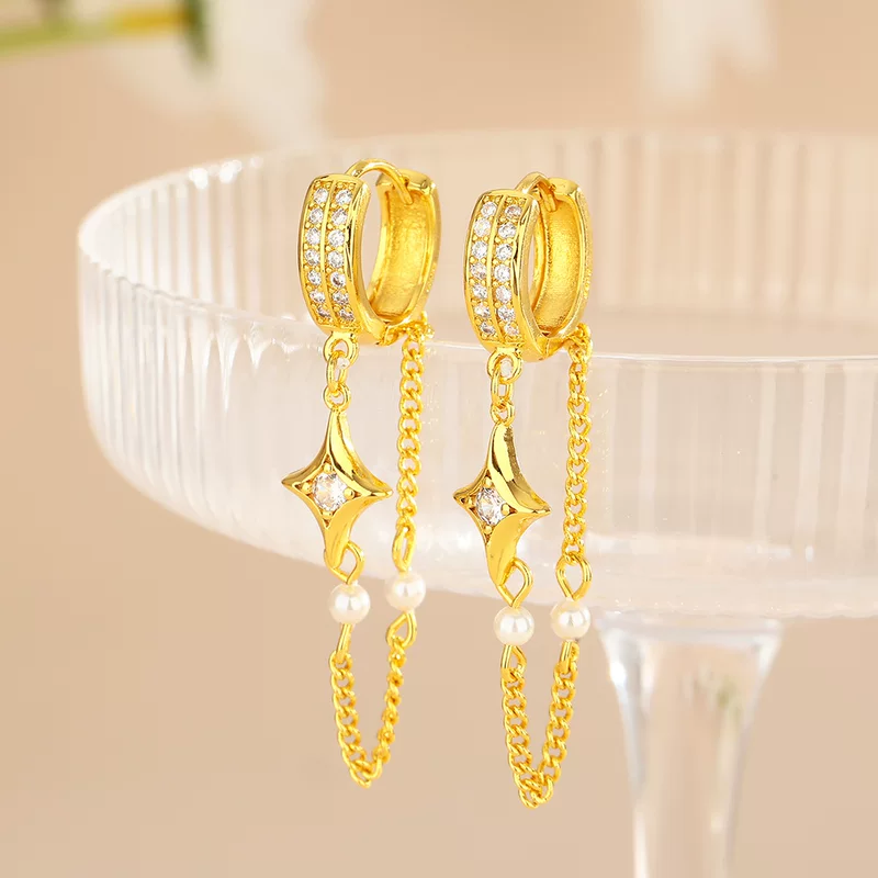 Sophisticated zirconium, long chain, earrings with tassels from pearl, European style