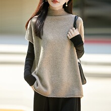 跨境纯羊毛针织马甲2026年秋冬短款女半高领无袖背心套头加厚坎肩
