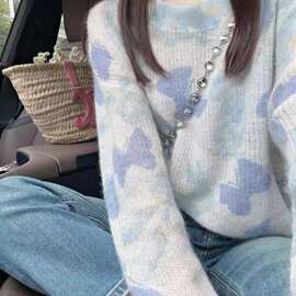 法式蝴蝶结撞色渐变长袖针织衫女秋季温柔感小众懒慵宽松软糯毛衣