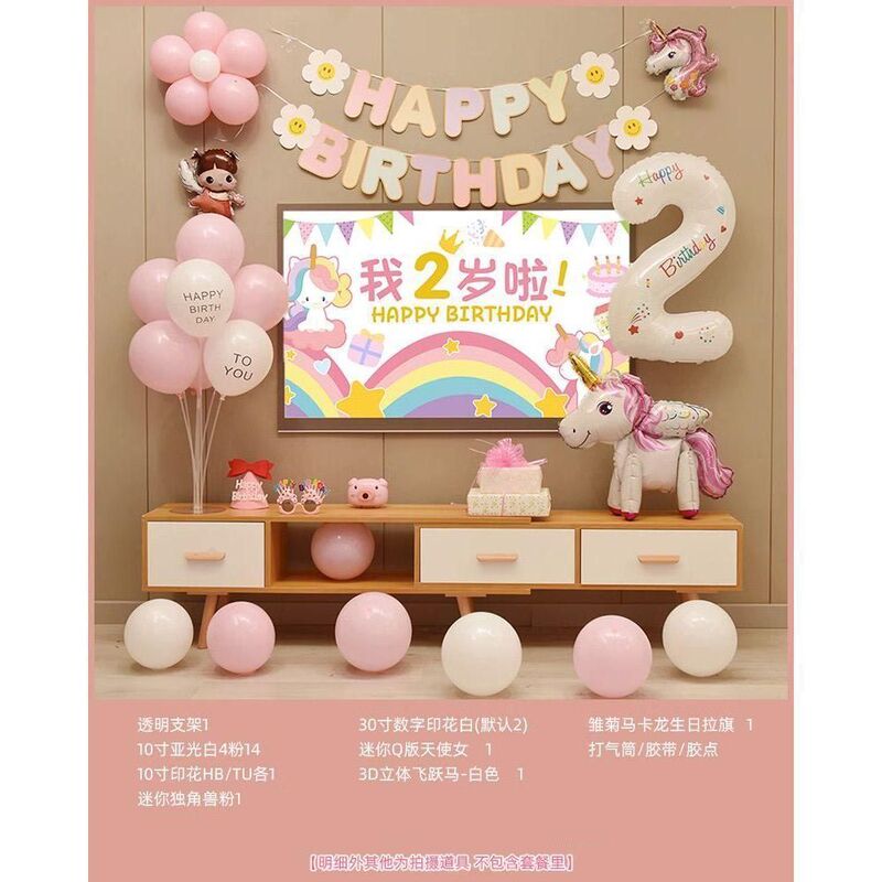 独角兽女孩生日装饰场景布置电视投屏儿童周岁卡通背景墙宝宝套餐|undefined