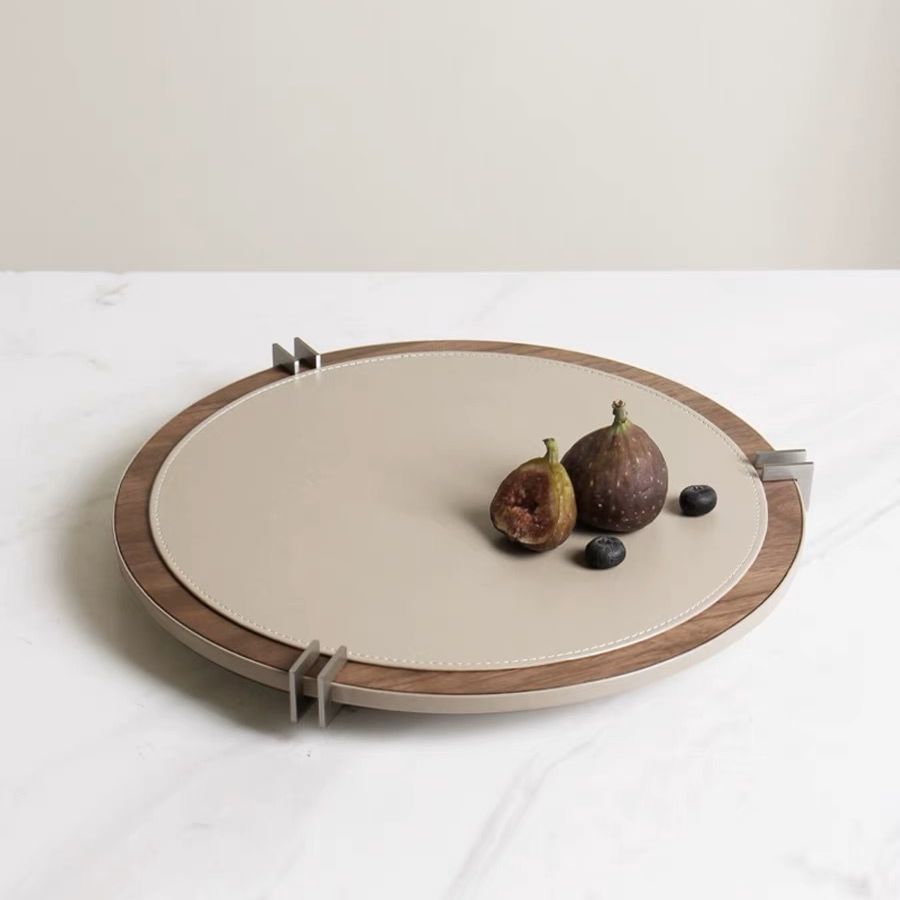 现代简约胡桃木皮革马毛圆形托盘置物创意摆件桌面装饰品样板间