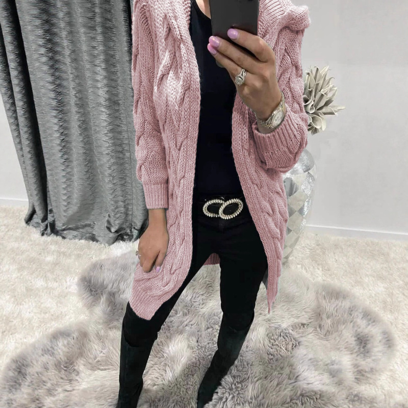欧美亚马逊长款连帽针织开衫毛衣跨境绞花长袖纯色针织衫外套女|undefined