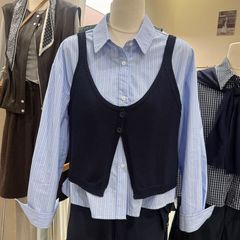 2025秋季新款韩系长袖衬衫轻奢古着针织吊带马甲多巴胺套装女