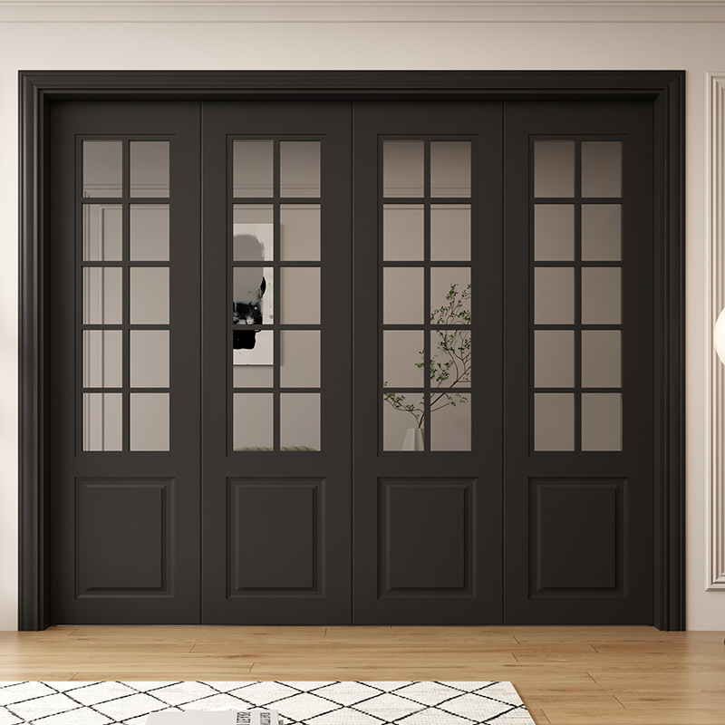 Solid wood partition door lattice glass hanging rail folding door living room open kitchen folding door without rail customization