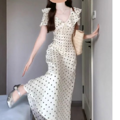 女性のためのフレンチポルカドットパフスリーブドレス、夏の海辺の休暇、優しいスタイル、ウエストを絞り、ユニークで美しい小さなスカート