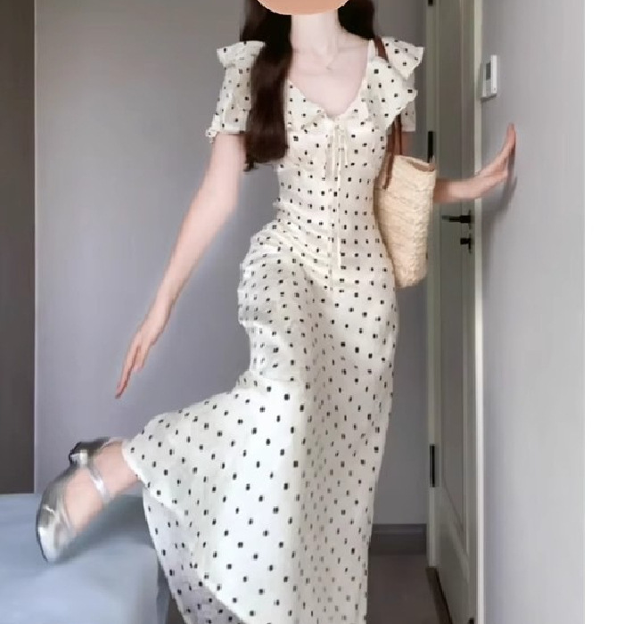 女性のためのフレンチポルカドットパフスリーブドレス、夏の海辺の休暇、優しいスタイル、ウエストを絞り、ユニークで美しい小さなスカート|undefined