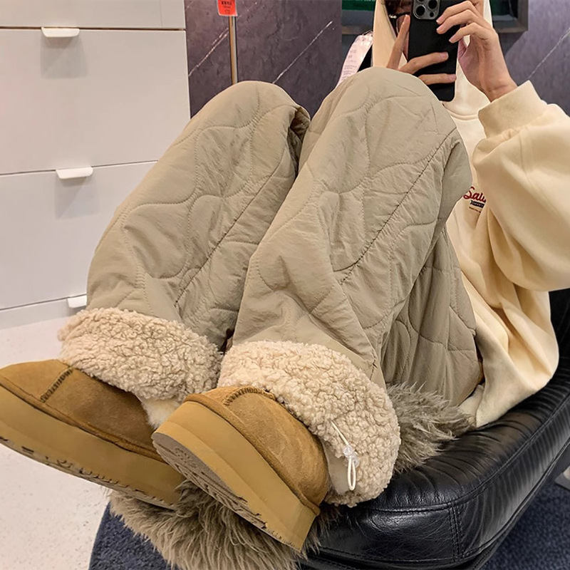 Gourd-grain Lamb Fleece Cotton Pants Men's and Women's Winter Casual Pants fleece-lined Thickened Pants Cold-proof Warm Outer Wear Ski Pants