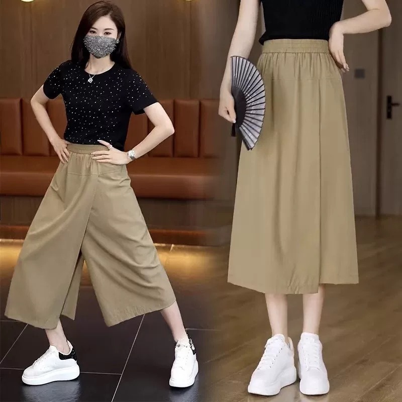 Pants and Skirt Two-In-One Summer Thin Sun Protection Culottes for Women with High Waist Slits, Lazy Style, Large Crotch Slimming Culottes