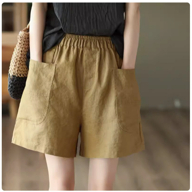 Guka Clothing 2025 Summer New Sand Washed Linen Shorts Women's Elastic Waist Loose Three-Point Straight-Leg Pants Solid Color Hot Pants