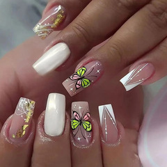 Mid-long length Aurora gold foil French manicure butterfly false nails sweet spicy girl Western and Eastern Ins style wearable nails