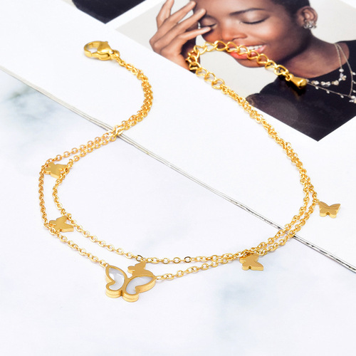 new Korean version double-layer butterfly anklet shell anklet titanium steel furnace color-preserving electroplating 18k gold women's anklet