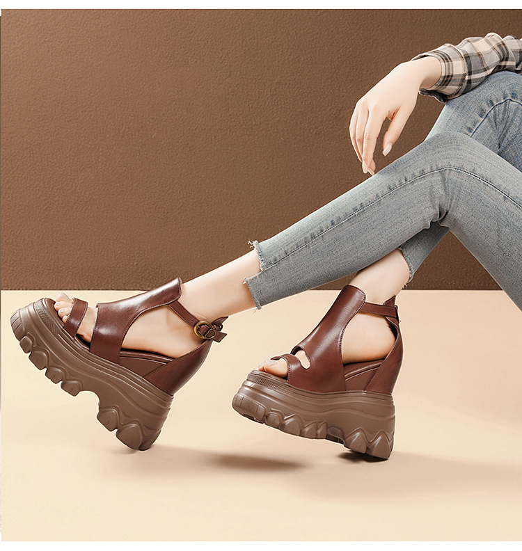 Giày sandal cao gót nữ hở mũi phong cách La Mã, đế xuồng cao 14 cm, da thật, gót vuông, quai mảnh — màu nâu, màu đen chi tiết 9