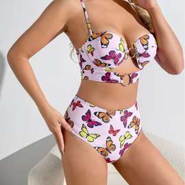 2025 新款欧美蝴蝶印花分体泳衣性感聚拢深V露背高级感比基尼泳衣