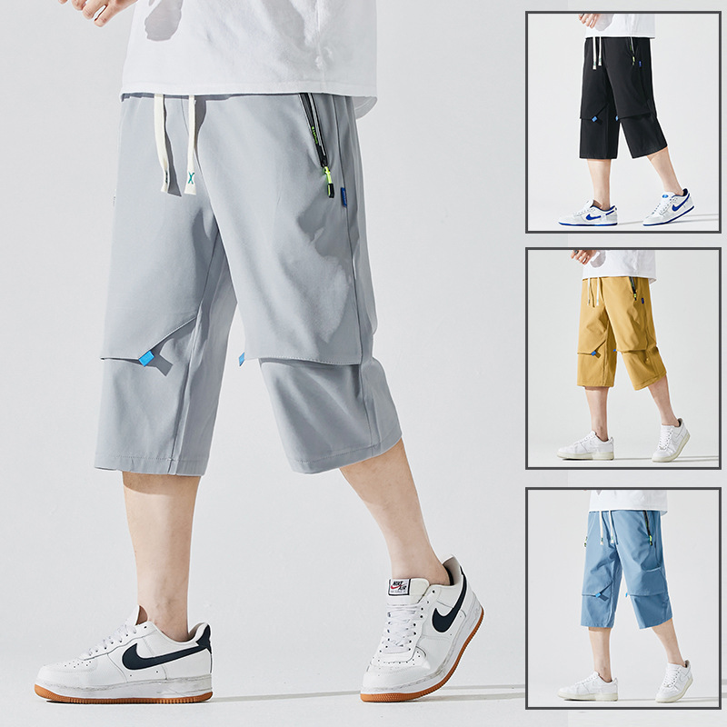 TEMU Summer Casual Capri Pants Men's Japanese Style Loose Straight Pants Ice Silk Thin Men's Elasticated Capri Pants