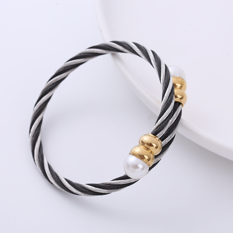 Fashion Color Block Stainless Steel Plating Inlay Artificial Pearls Bangle 1 Piece