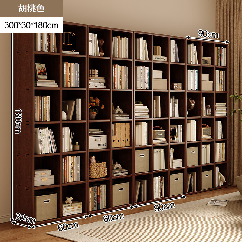 Estantería de madera maciza, estantería de pared completa, todo en la parte superior, sala de estar, color nogal, pared completa, vitrina para el hogar