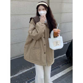 大码女装冬季新款胖mm韩版木耳边娃娃领拼接宽松棉衣棉服外套