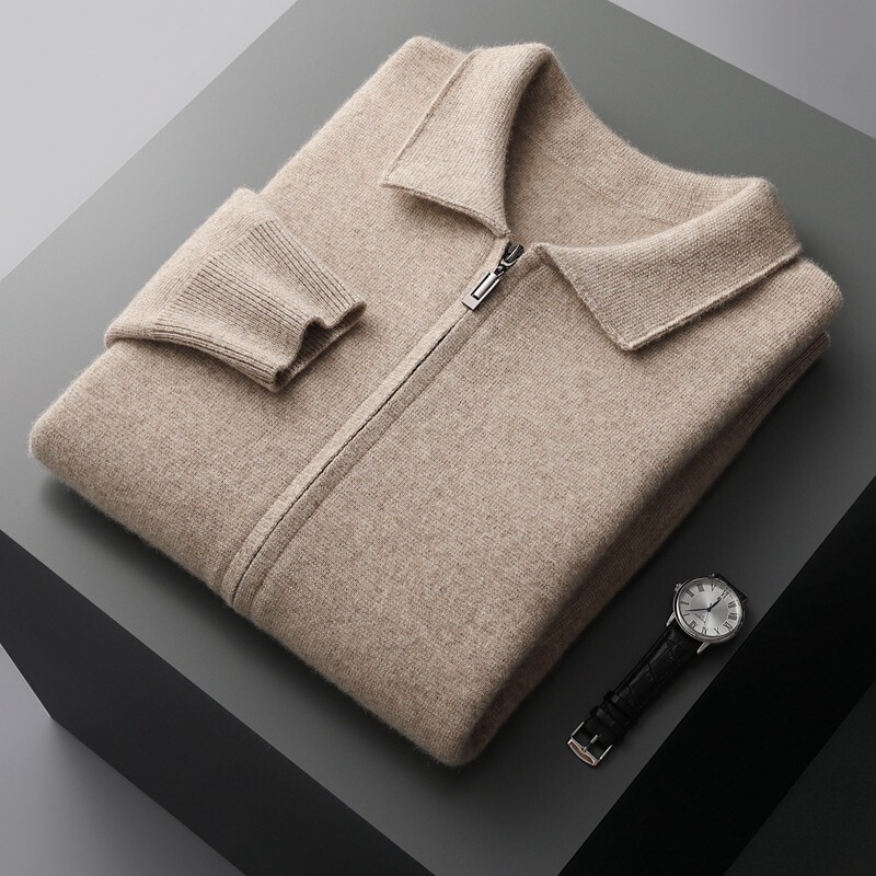 Thickened Air Layer POLO Shirt Cardigan Autumn and Winter Men's Cashmere Knitted Casual Cardigan Middle-aged Korean Style Jacket