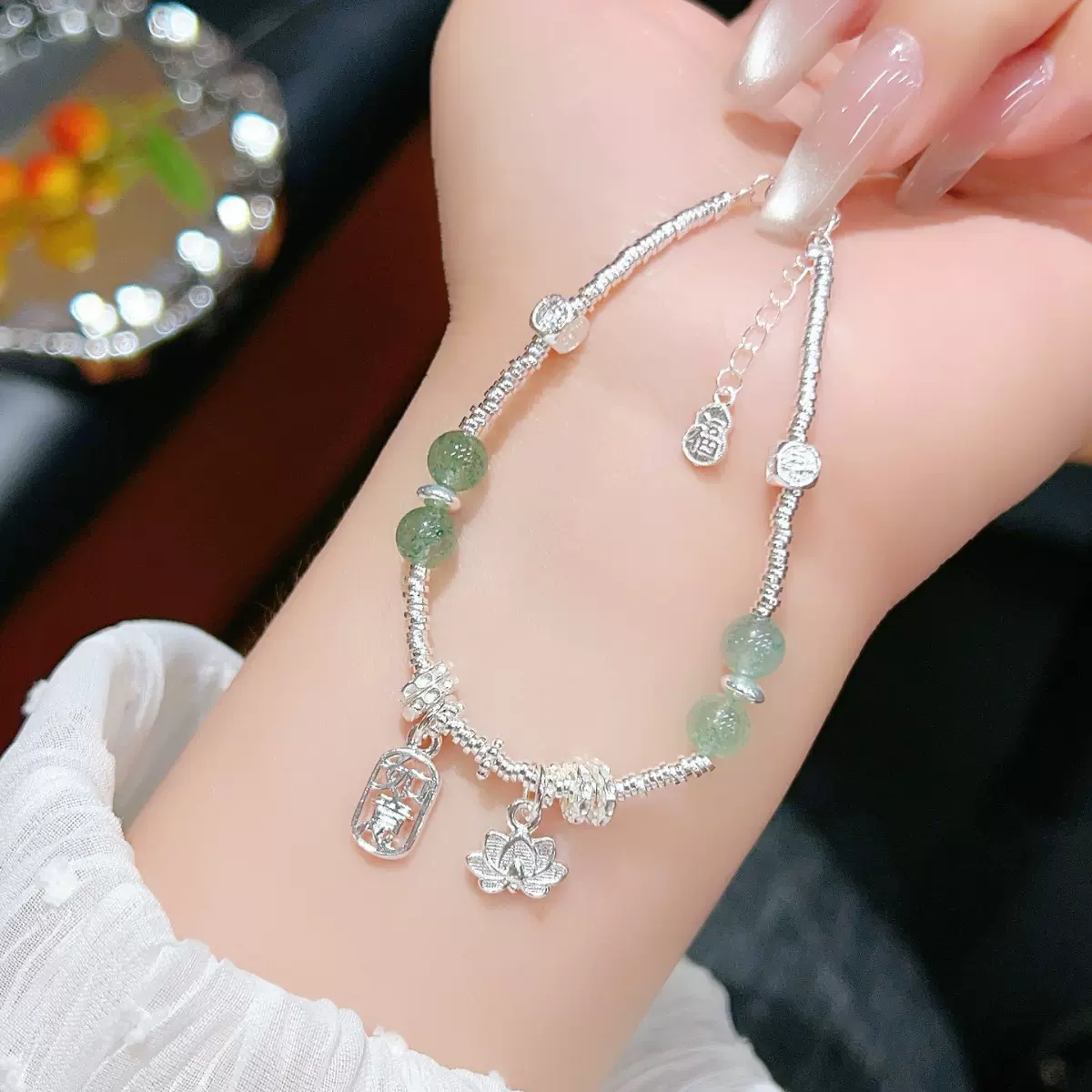 999足银莲花和田玉手链女新中式国潮风手工碎银几两手链七夕礼物