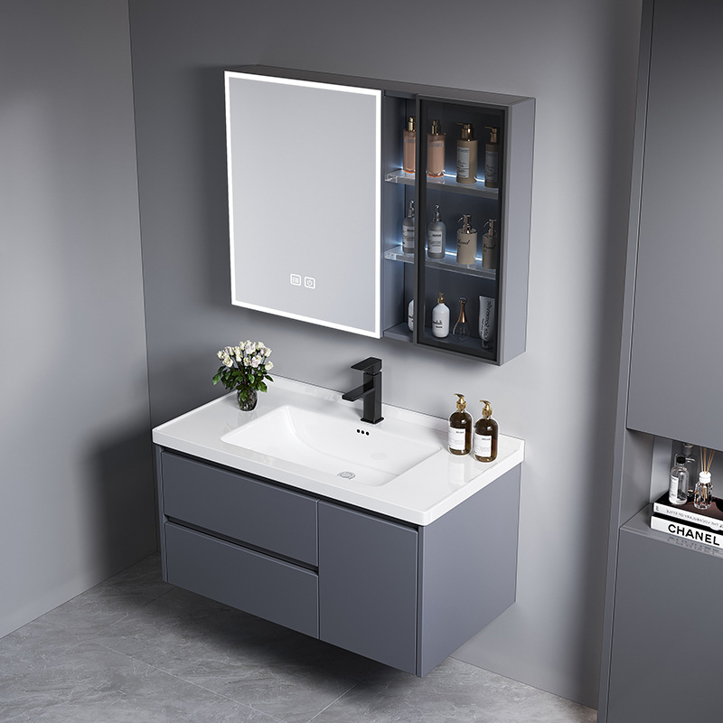 Cajón gris oscuro tipo de aleación de poliestireno de abeja gruesa gabinete de baño combinación gabinete lavabo de baño gabinete de cerámica integral lavabo