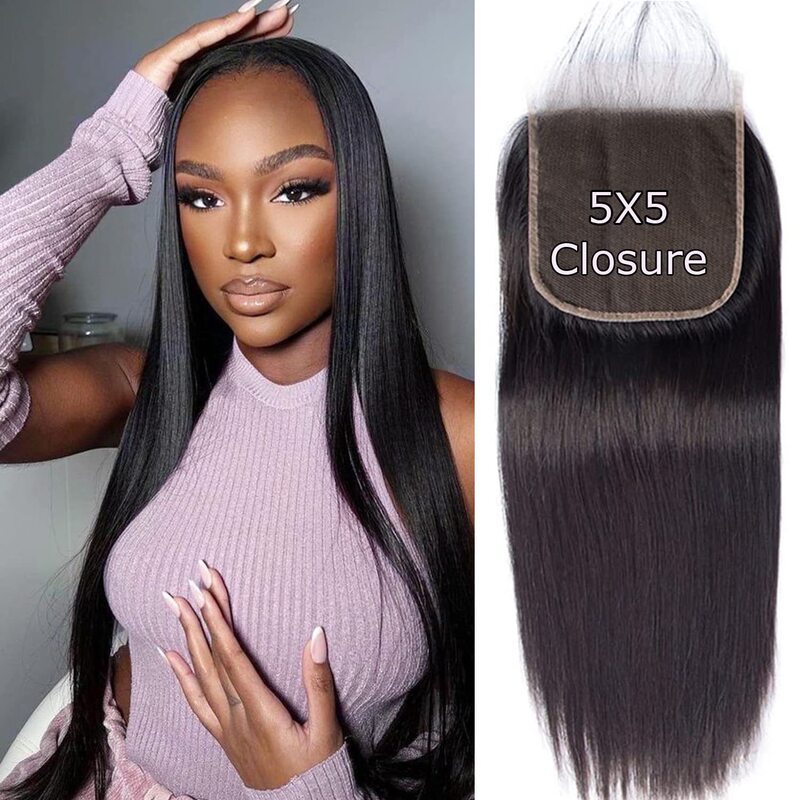 5*5 Lace Closure Straight Body Natural Color Transparent Lace Real Human Hair Piece Cross-Border Model