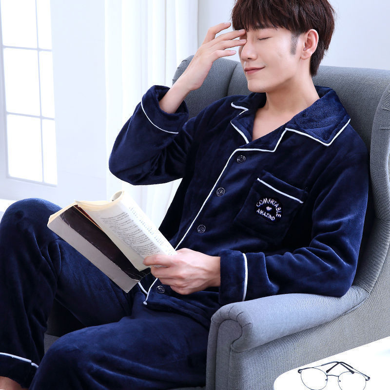 가을과 겨울 남자 플란넬 파자마 카디건 두꺼운 기모 산호 양털 따뜻한 플러스 사이즈 남자 홈 옷 세트