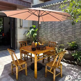 Vintage Courtyard Bamboo Table and Chair Combination Bamboo Chair Vintage Bamboo Table Outdoor Bamboo Products Antique Square Table Tea Table Dining Table