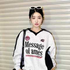 现货韩国Ames卫衣尹净汉同款美式复古V领球衣宽松男女情侣秋冬款