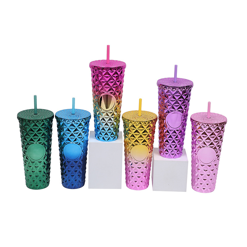 Venta caliente transfronteriza suministro directo de fábrica taza de cristal de galvanoplastia de doble capa taza de paja de plástico de doble capa 24oz taza de agua de gran capacidad