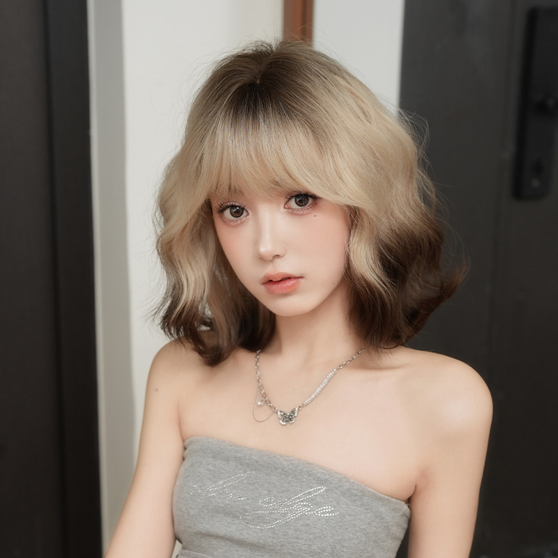 Cross-Border New Summer Wig for Women with Short Curly Hair, White Coffee Color Gradient, Dyed on Top of the Head, Chemical Fiber Artificial Full Headgear Cross-Border New Summer Wig for Women with Short Curly Hair, White Coffee Color Gradient, Dyed on Top of the Head, Chemical Fiber Artificial Full Headgear