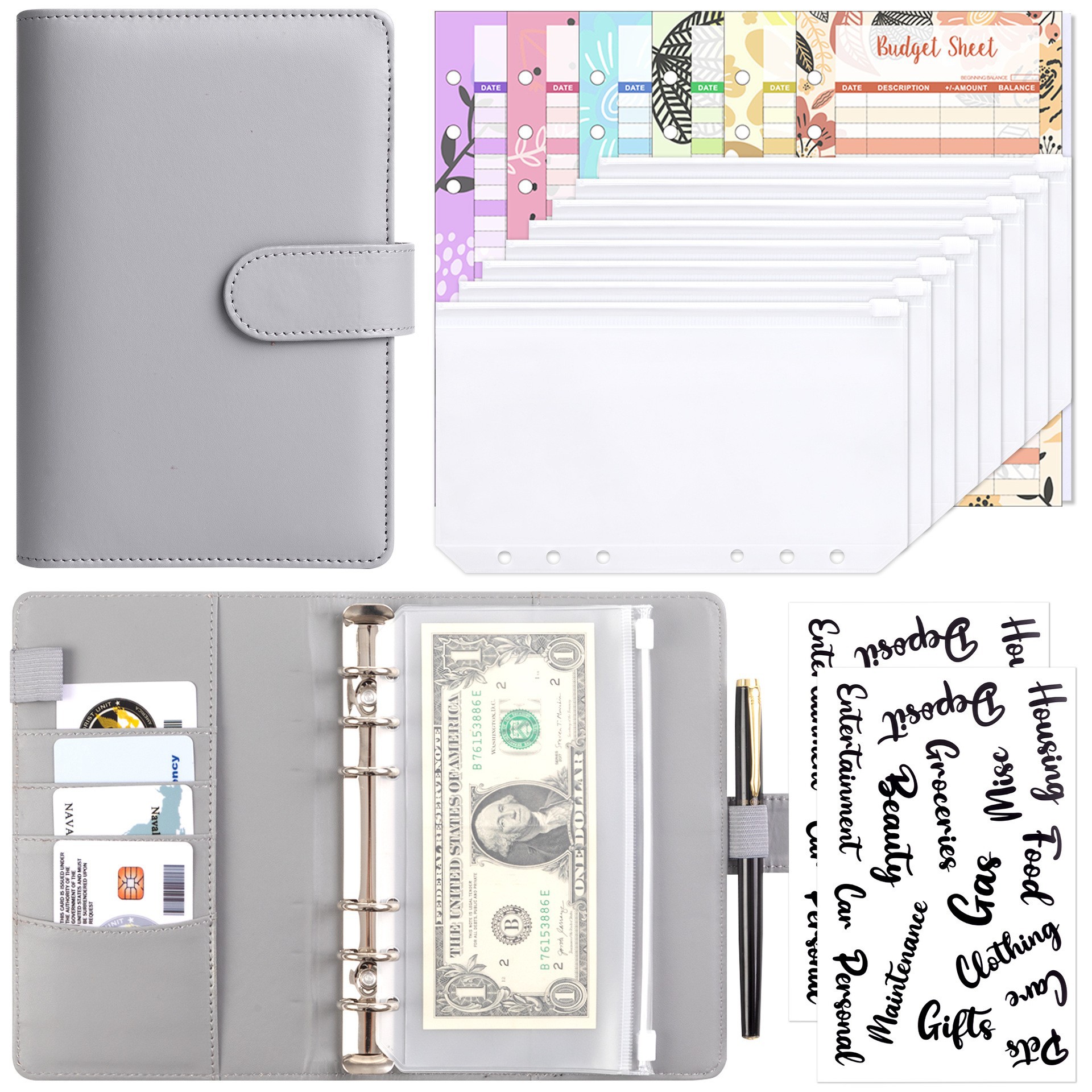 Presupuesto transfronterizo Cash Clip de hojas sueltas Bolsa con cremallera Sobres Libro de cuentas A6 Macarons PU Cuaderno de hojas sueltas de cuero