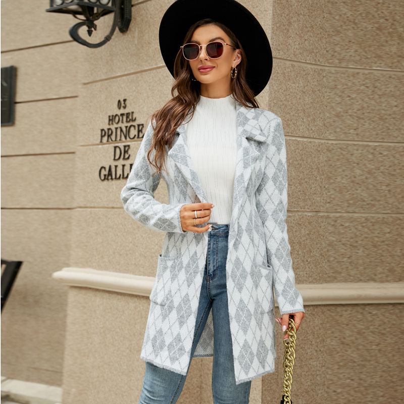 Amazon autumn and winter long sweater contrast houndstooth knitted cardigan elegant commuter suit collar trench coat coat