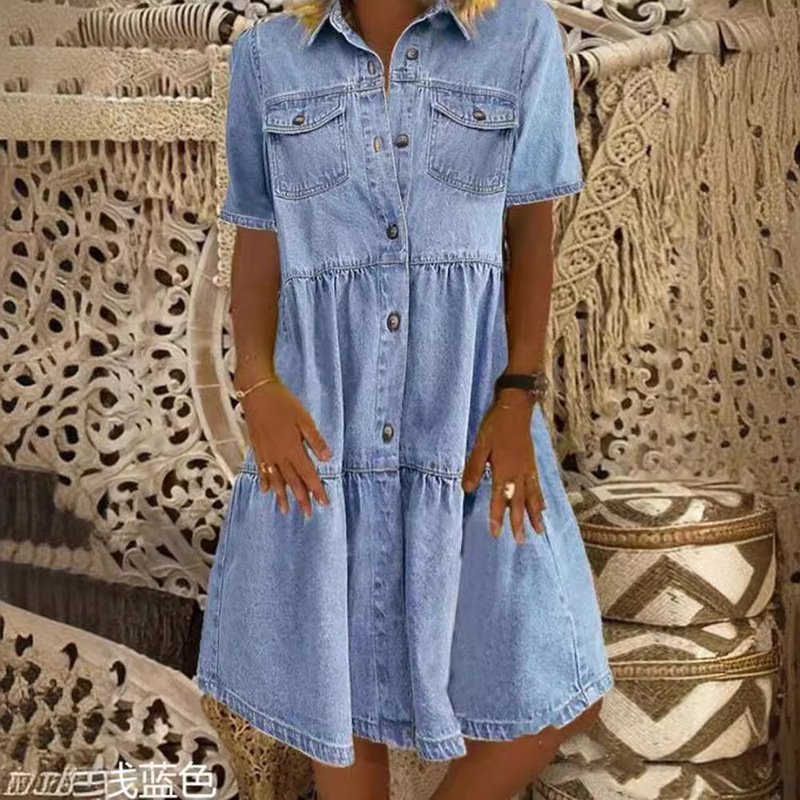 Independent Website Aliexpress Amazon European and American Style Short-Sleeve Multi-Button Multi-Pocket Denim Midi Dress